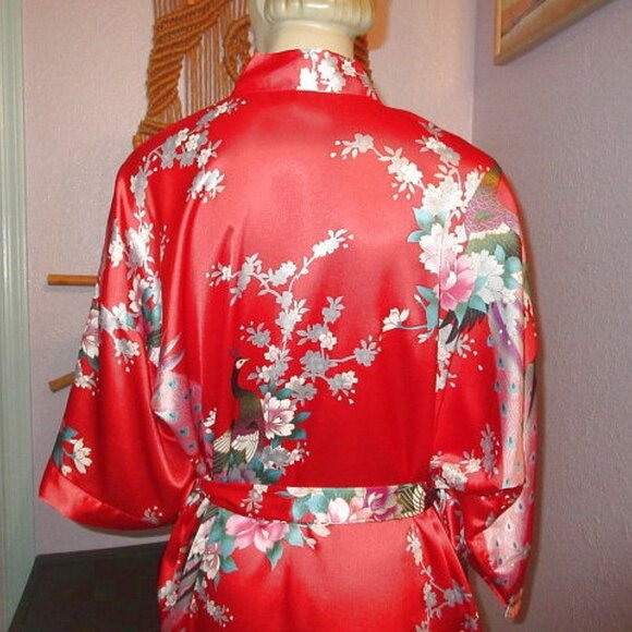 Vtg Silk Kimono Robe One Size Asian Smoking Jacket Dressing Gown Exotic Floral - Picture 7 of 8